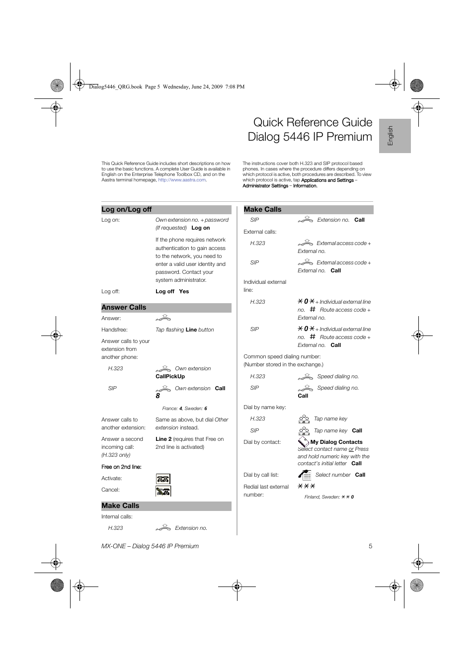 English, Quick reference guide dialog 5446 ip premium | AASTRA 7446ip (5446ip) for MX-ONE Quick Reference Guide User Manual | Page 5 / 80