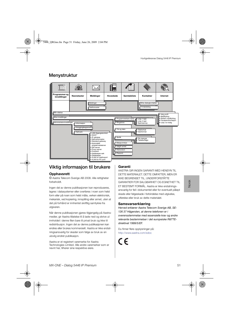 Viktig informasjon til brukere, Menystruktur, Opphavsrett | Garanti, Samsvarserklæring, Norsk | AASTRA 7446ip (5446ip) for MX-ONE Quick Reference Guide User Manual | Page 51 / 80