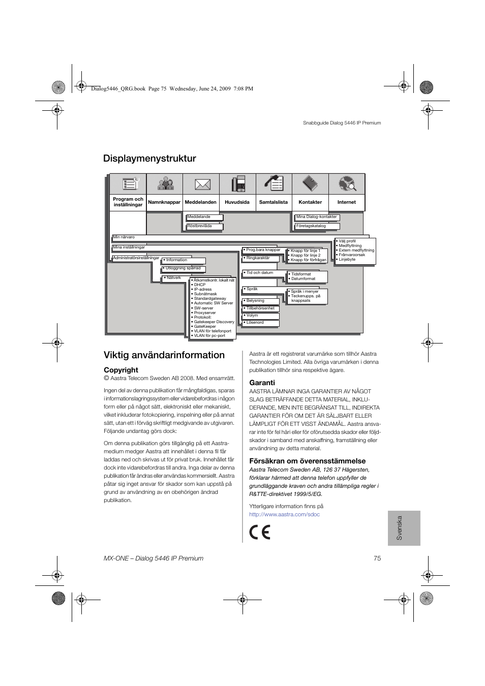 Viktig användarinformation, Displaymenystruktur, Copyright | Garanti, Försäkran om överensstämmelse | AASTRA 7446ip (5446ip) for MX-ONE Quick Reference Guide User Manual | Page 75 / 80