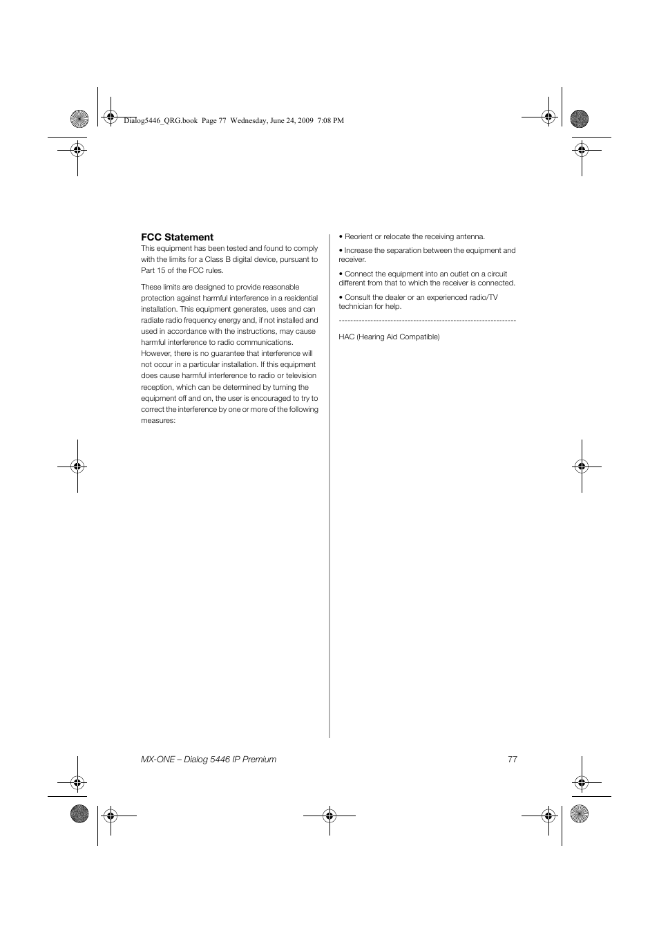 Fcc statement, Quick reference guide dialog 5446 ip premium | AASTRA 7446ip (5446ip) for MX-ONE Quick Reference Guide User Manual | Page 77 / 80
