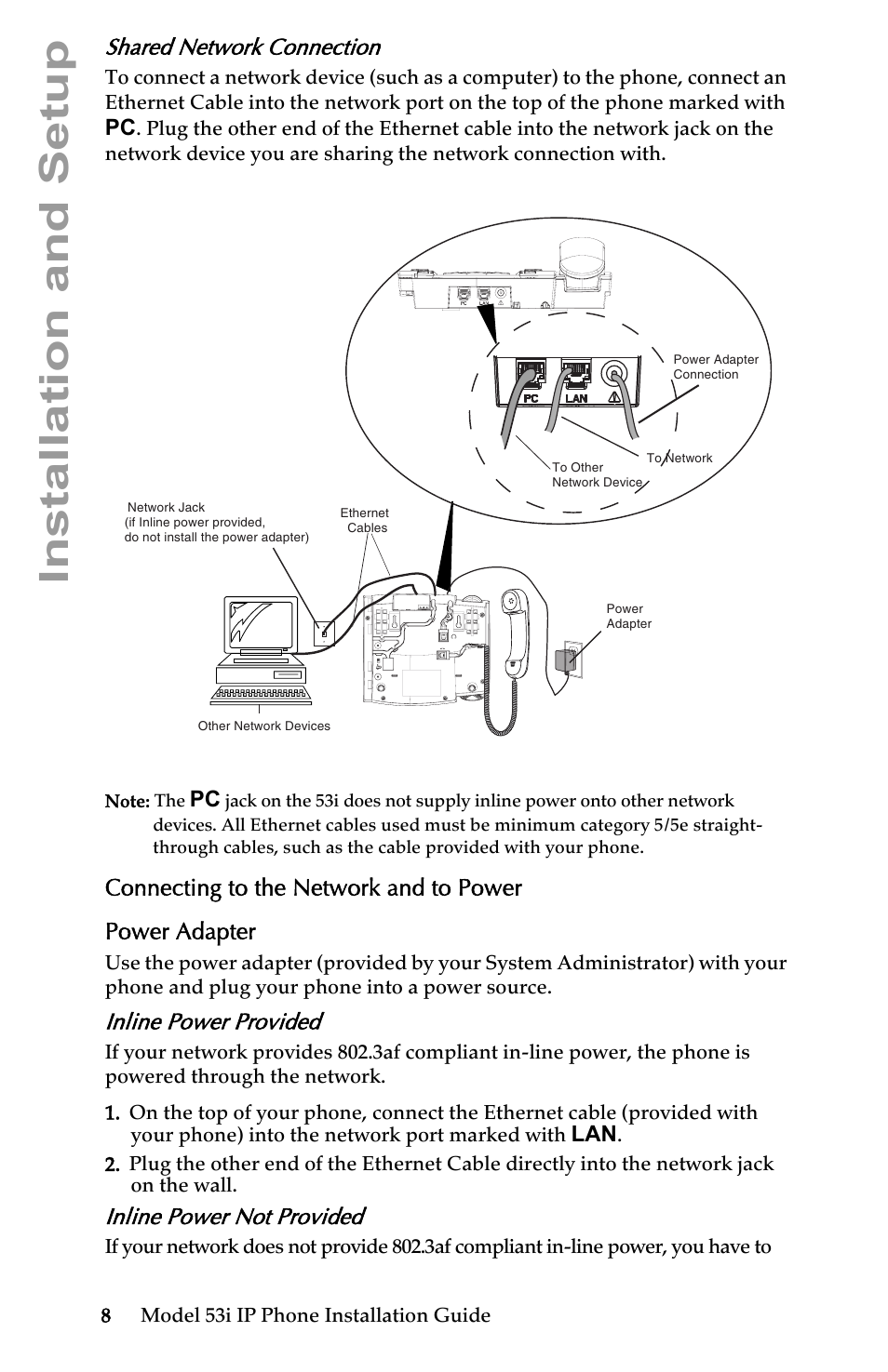 Shared network connection, Connecting to the network and to power, Power adapter | Inline power provided, Inline power not provided, Installation and setup | AASTRA 6753i Installation Guide EN User Manual | Page 14 / 42