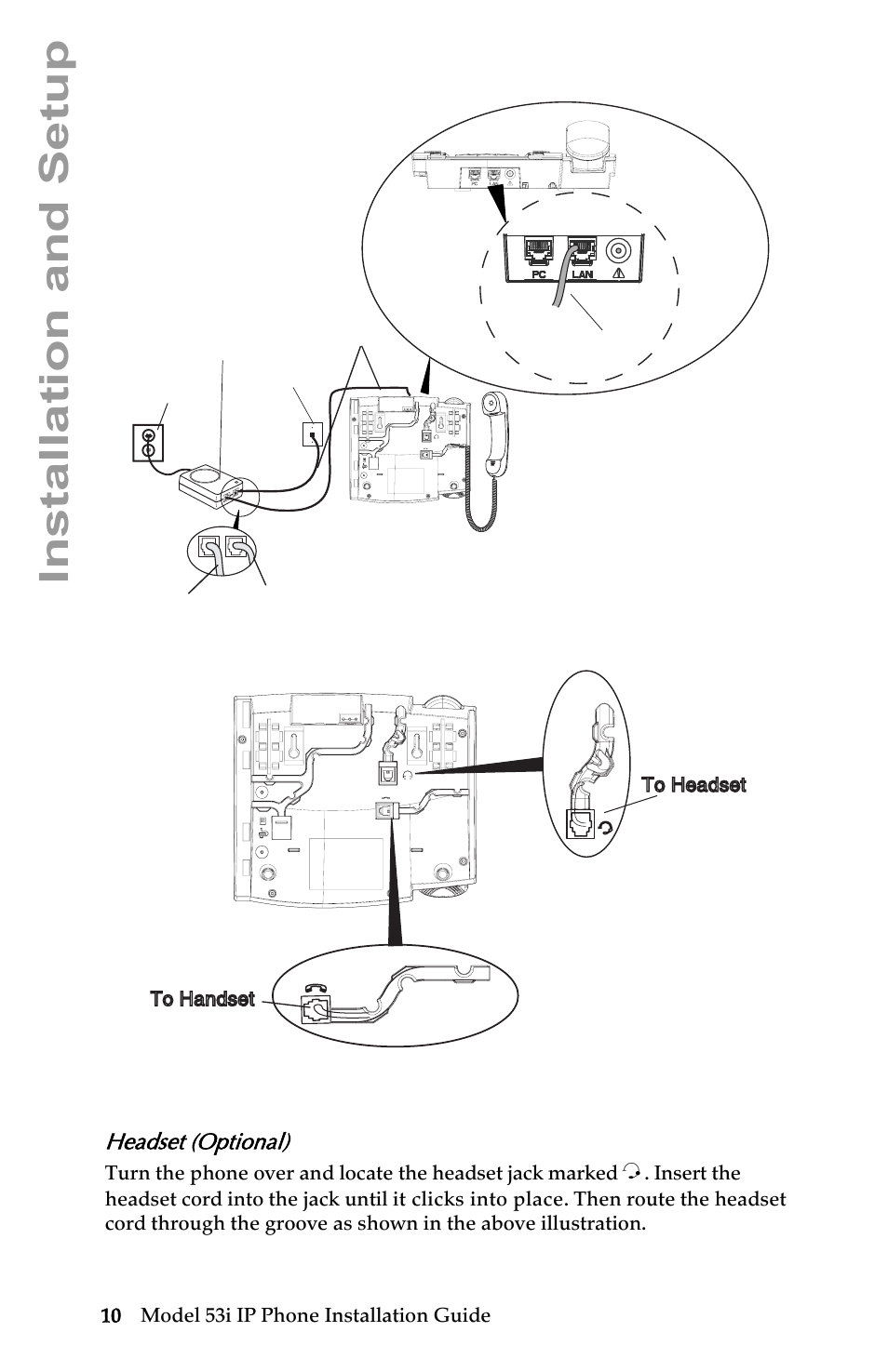 Headset (optional), Installation and setup, 10 model 53i ip phone installation guide | AASTRA 6753i Installation Guide EN User Manual | Page 16 / 42