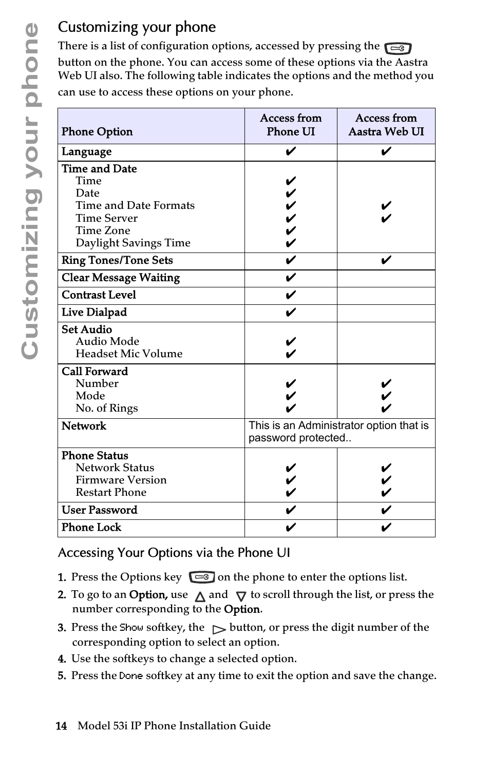 Customizing your phone, Accessing your options via the phone ui | AASTRA 6753i Installation Guide EN User Manual | Page 20 / 42