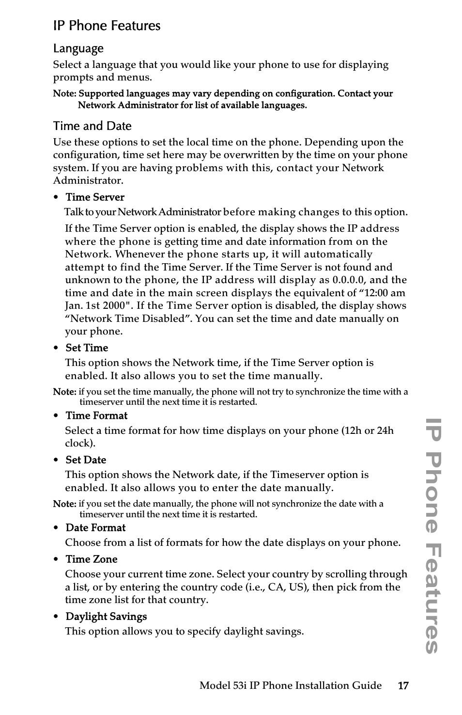 Ip phone features, Language, Time and date | AASTRA 6753i Installation Guide EN User Manual | Page 23 / 42