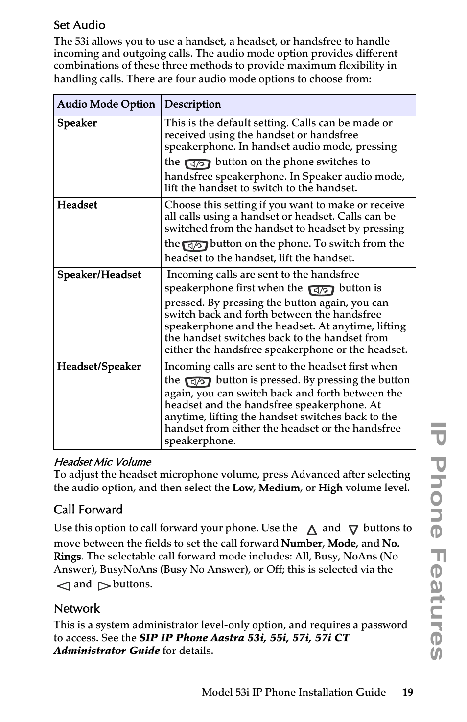 Set audio, Call forward, Network | Ip phone features | AASTRA 6753i Installation Guide EN User Manual | Page 25 / 42