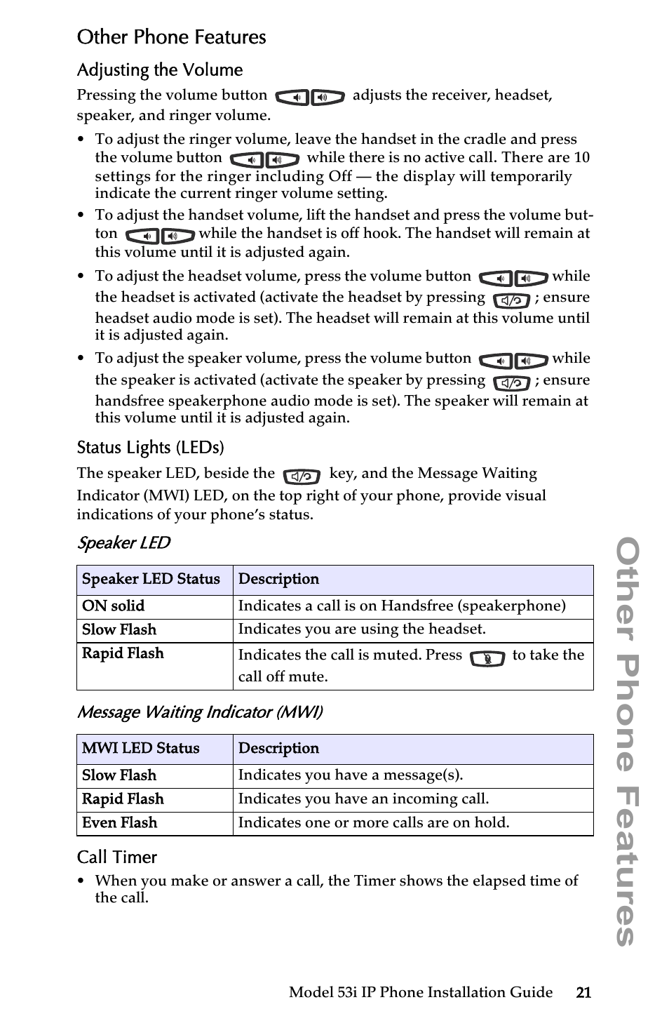 Other phone features, Adjusting the volume, Status lights (leds) | Speaker led, Message waiting indicator (mwi), Call timer | AASTRA 6753i Installation Guide EN User Manual | Page 27 / 42