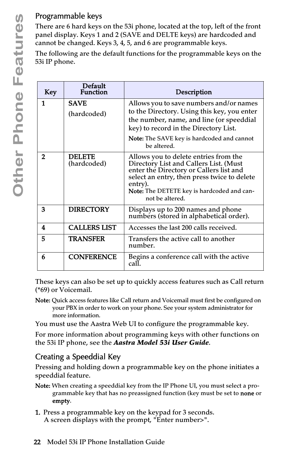 Programmable keys, Creating a speeddial key, Other phone features | AASTRA 6753i Installation Guide EN User Manual | Page 28 / 42