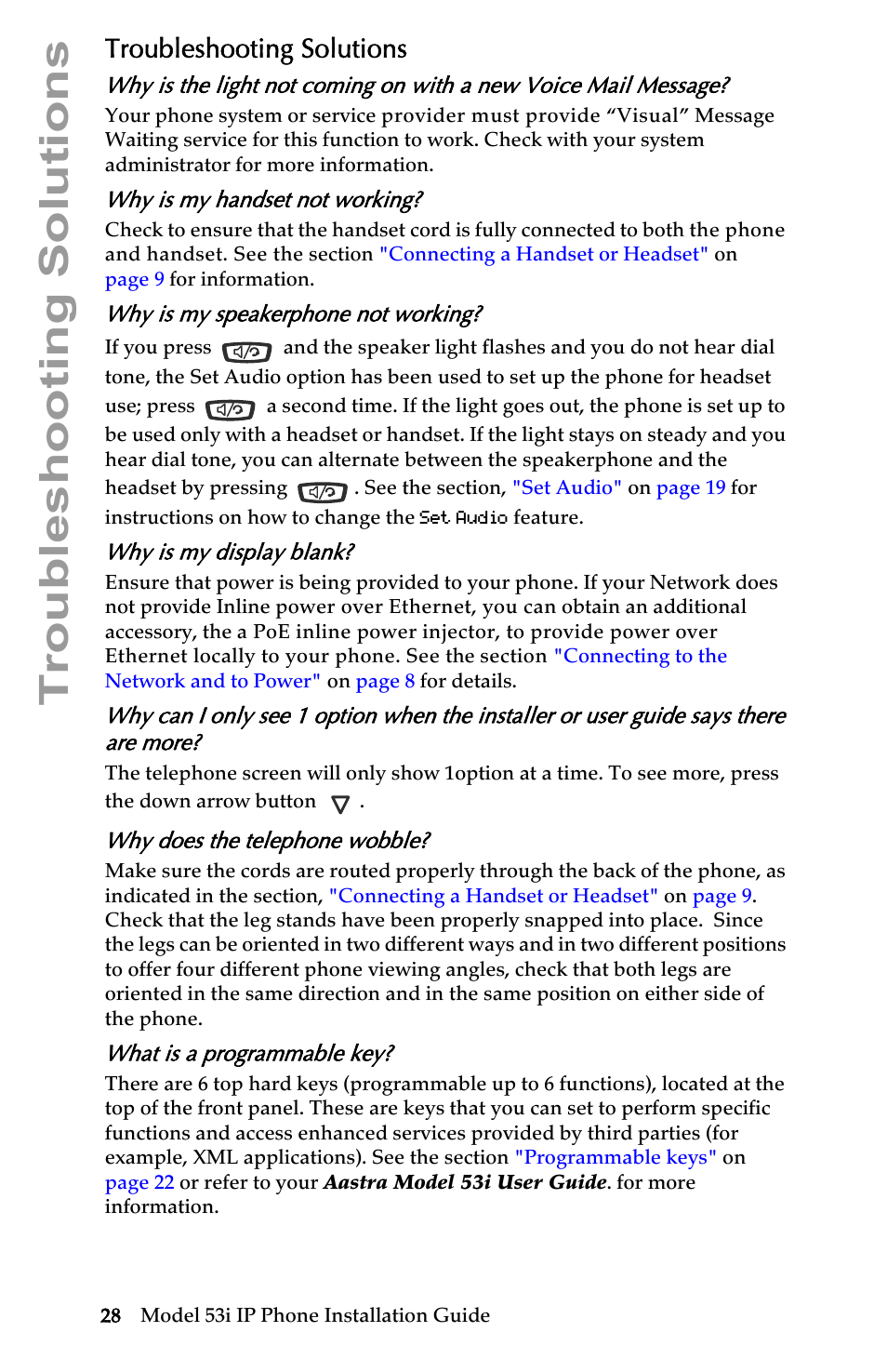 Troubleshooting solutions, Why is my handset not working, Why is my speakerphone not working | Why is my display blank, Why does the telephone wobble, What is a programmable key | AASTRA 6753i Installation Guide EN User Manual | Page 34 / 42