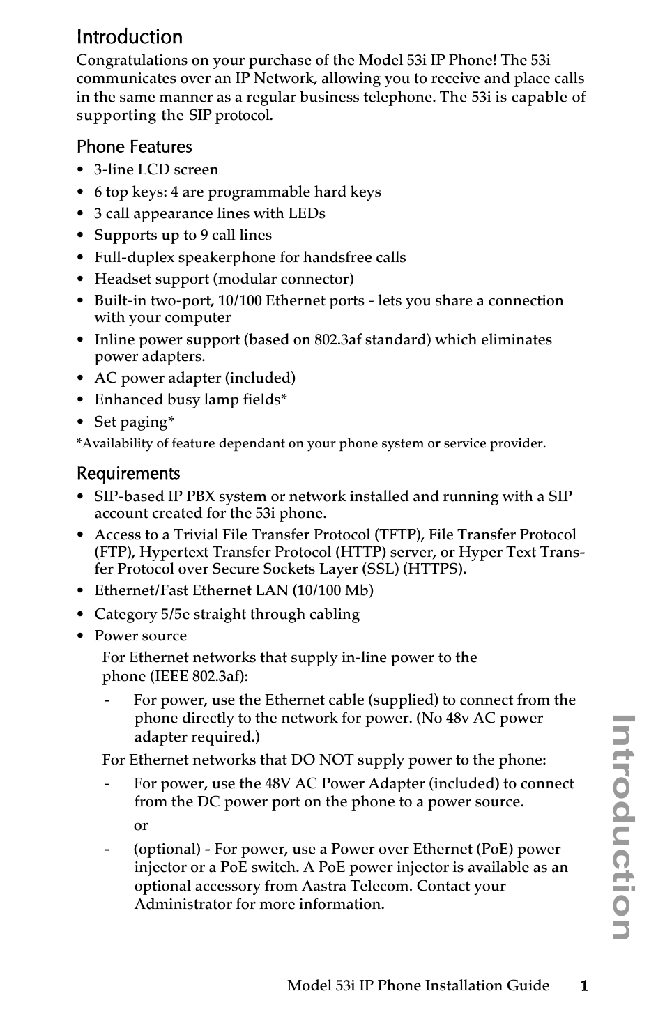 Introduction, Phone features, Requirements | AASTRA 6753i Installation Guide EN User Manual | Page 7 / 42