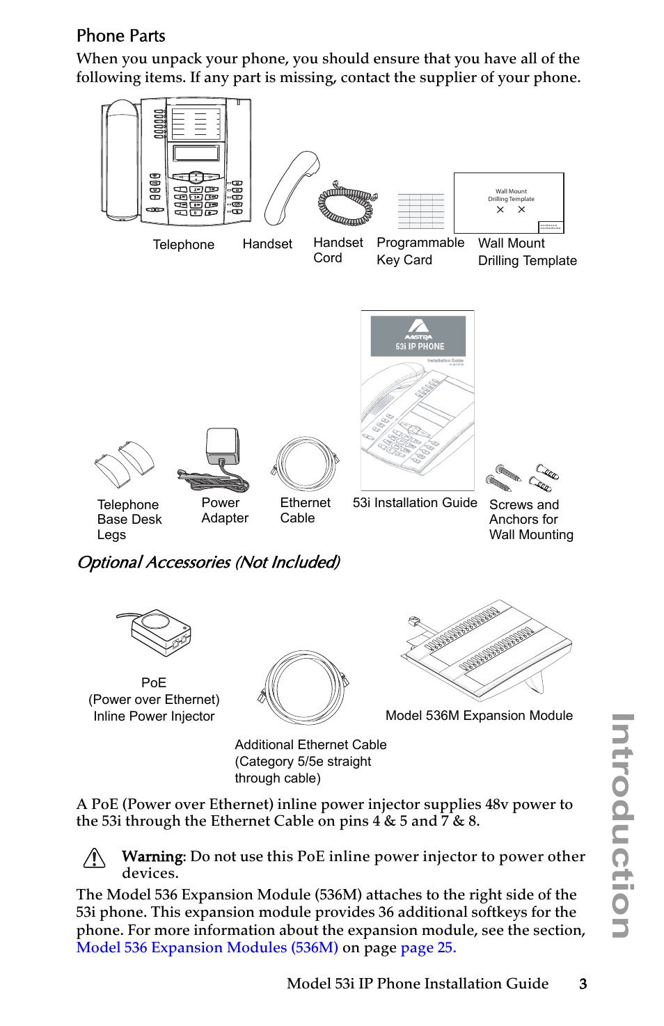 Phone parts, Optional accessories (not included), Introduction | AASTRA 6753i Installation Guide EN User Manual | Page 9 / 42