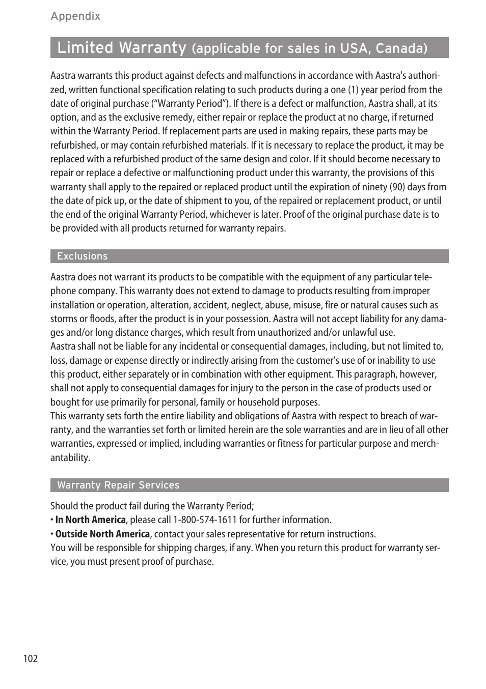 Exclusions, Warranty repair services, Limited warranty | Applicable for sales in usa, canada) | AASTRA 600c_d for OpenCom 1000 User Guide EN User Manual | Page 108 / 132