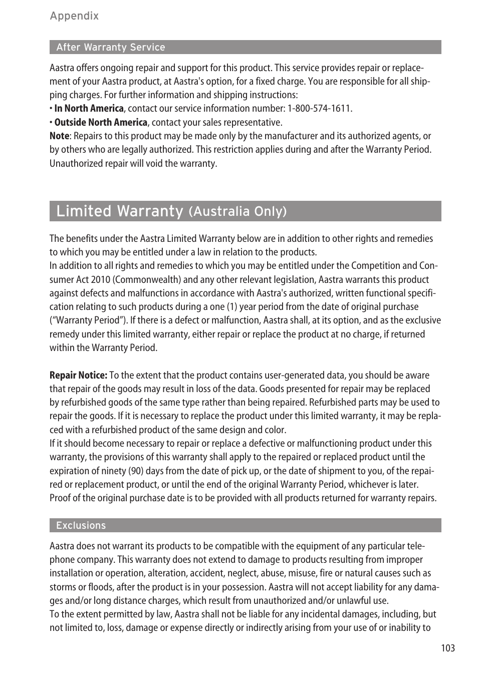After warranty service, Limited warranty (australia only), Exclusions | Limited warranty, Australia only) | AASTRA 600c_d for OpenCom 1000 User Guide EN User Manual | Page 109 / 132