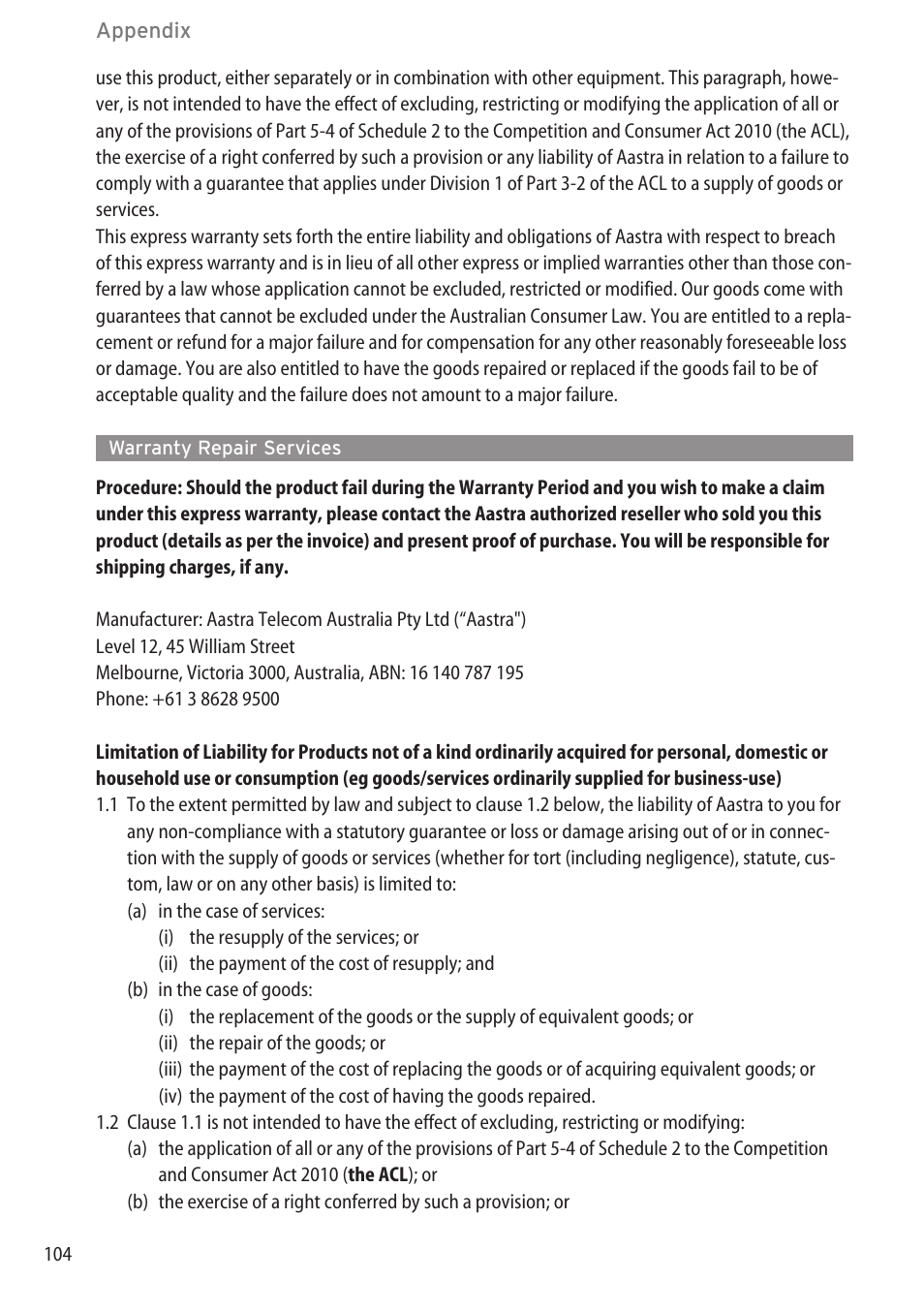 Warranty repair services, Exclusions | AASTRA 600c_d for OpenCom 1000 User Guide EN User Manual | Page 110 / 132
