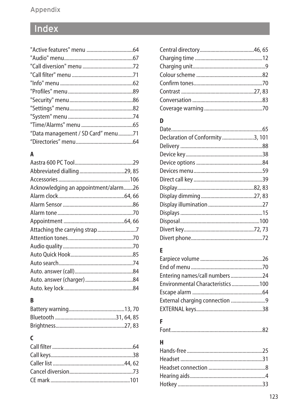 Index | AASTRA 600c_d for OpenCom 1000 User Guide EN User Manual | Page 129 / 132