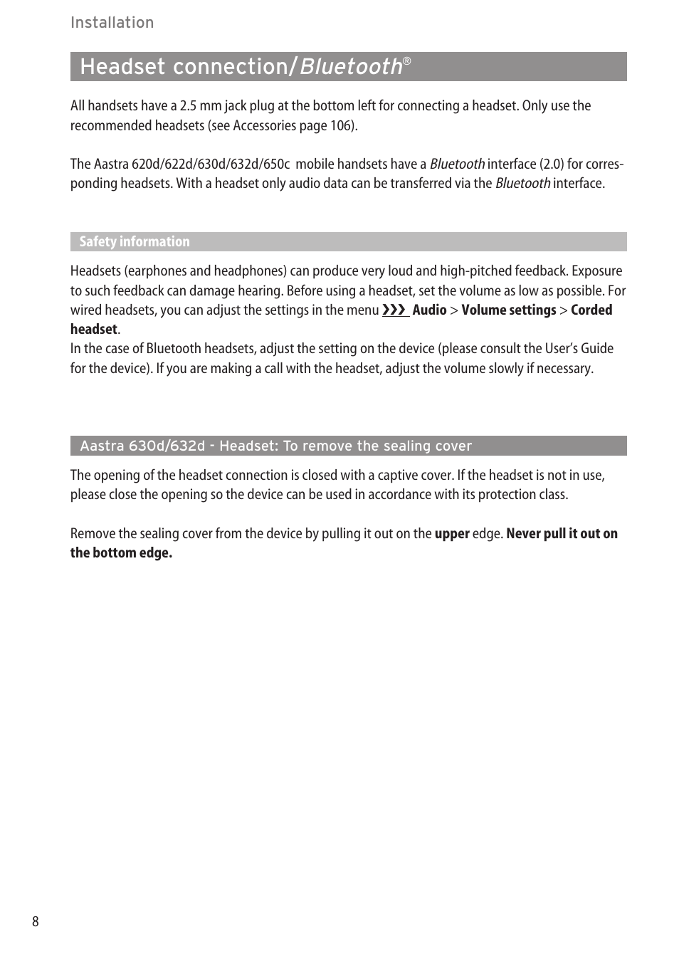 Headset connection/bluetooth, Bluetooth, Headset connection | AASTRA 600c_d for OpenCom 1000 User Guide EN User Manual | Page 14 / 132