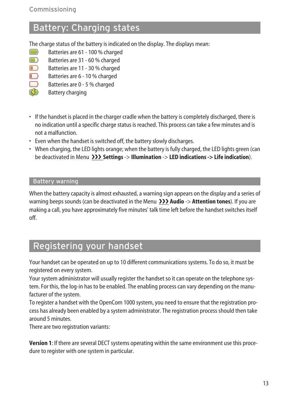 Battery: charging states, Battery warning, Registering your handset | Battery warning ………………………………………………………………………13 | AASTRA 600c_d for OpenCom 1000 User Guide EN User Manual | Page 19 / 132