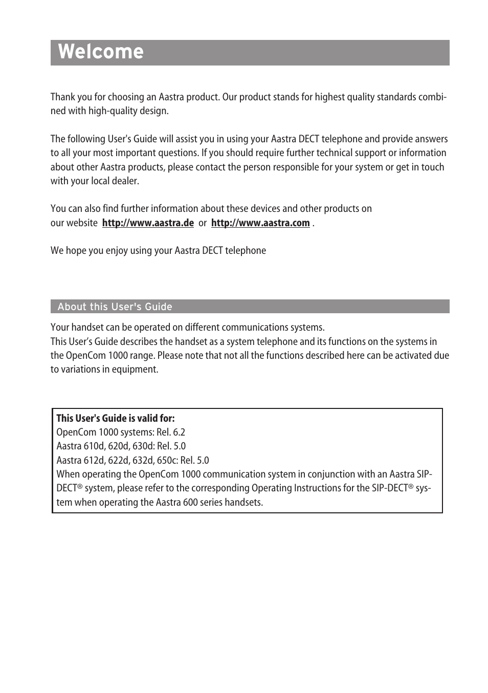 Welcome, About this user's guide | AASTRA 600c_d for OpenCom 1000 User Guide EN User Manual | Page 2 / 132