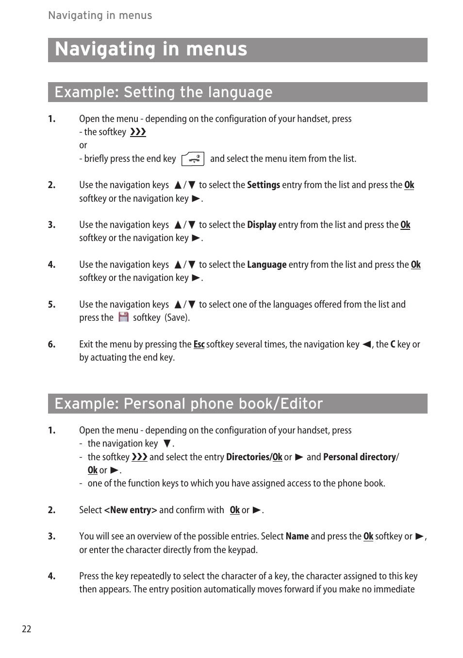 Navigating in menus, Example: setting the language, Example: personal phone book/editor | AASTRA 600c_d for OpenCom 1000 User Guide EN User Manual | Page 28 / 132