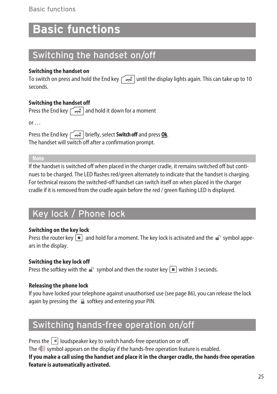 Basic functions, Switching the handset on/off, Key lock / phone lock | Switching hands-free operation on/off | AASTRA 600c_d for OpenCom 1000 User Guide EN User Manual | Page 31 / 132