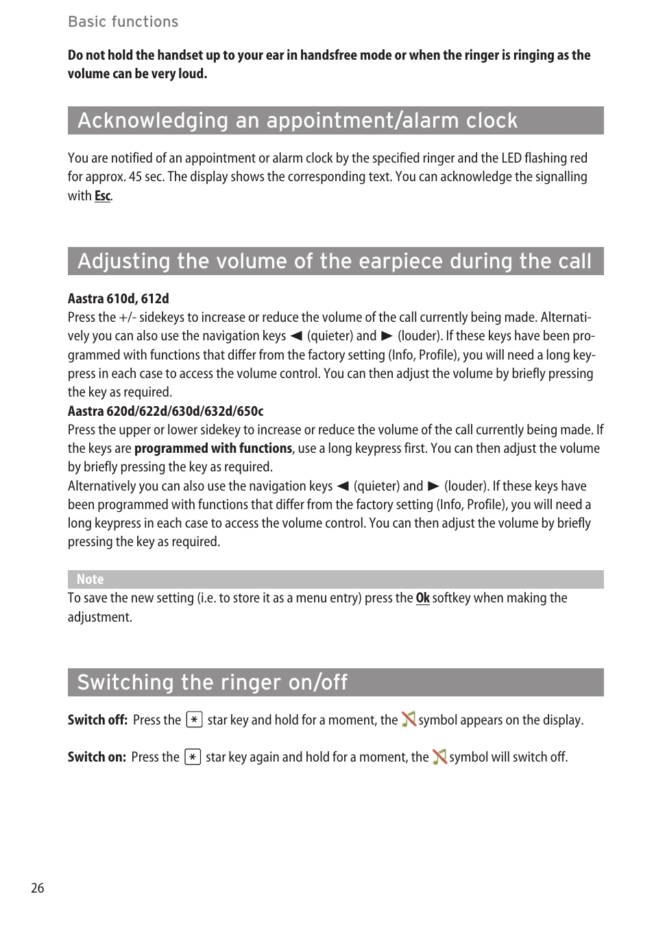 Acknowledging an appointment/alarm clock, Switching the ringer on/off | AASTRA 600c_d for OpenCom 1000 User Guide EN User Manual | Page 32 / 132