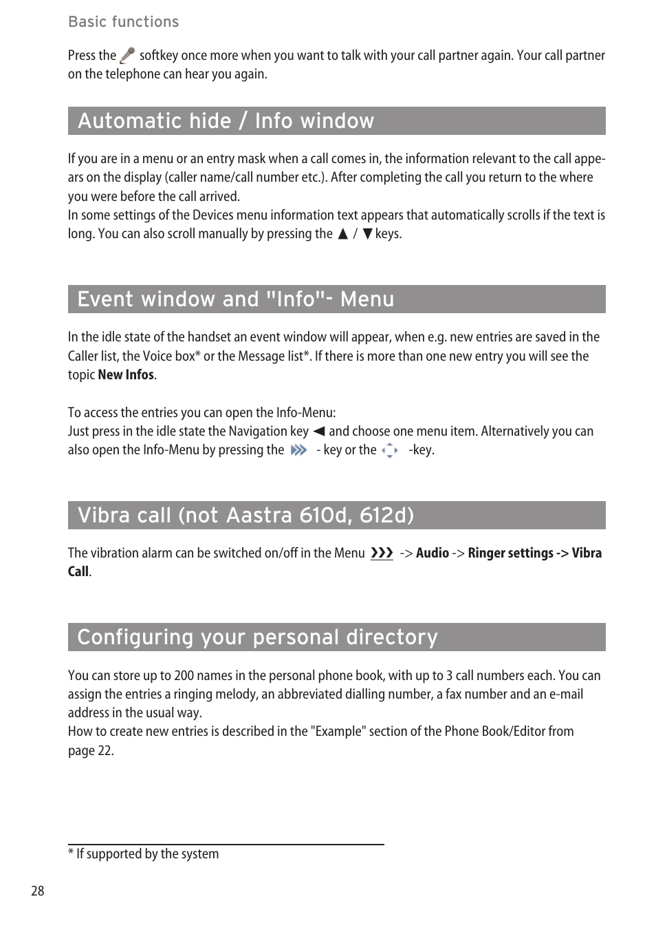Automatic hide / info window, Event window and "info"- menu, Vibra call (not aastra 610d, 612d) | Configuring your personal directory | AASTRA 600c_d for OpenCom 1000 User Guide EN User Manual | Page 34 / 132