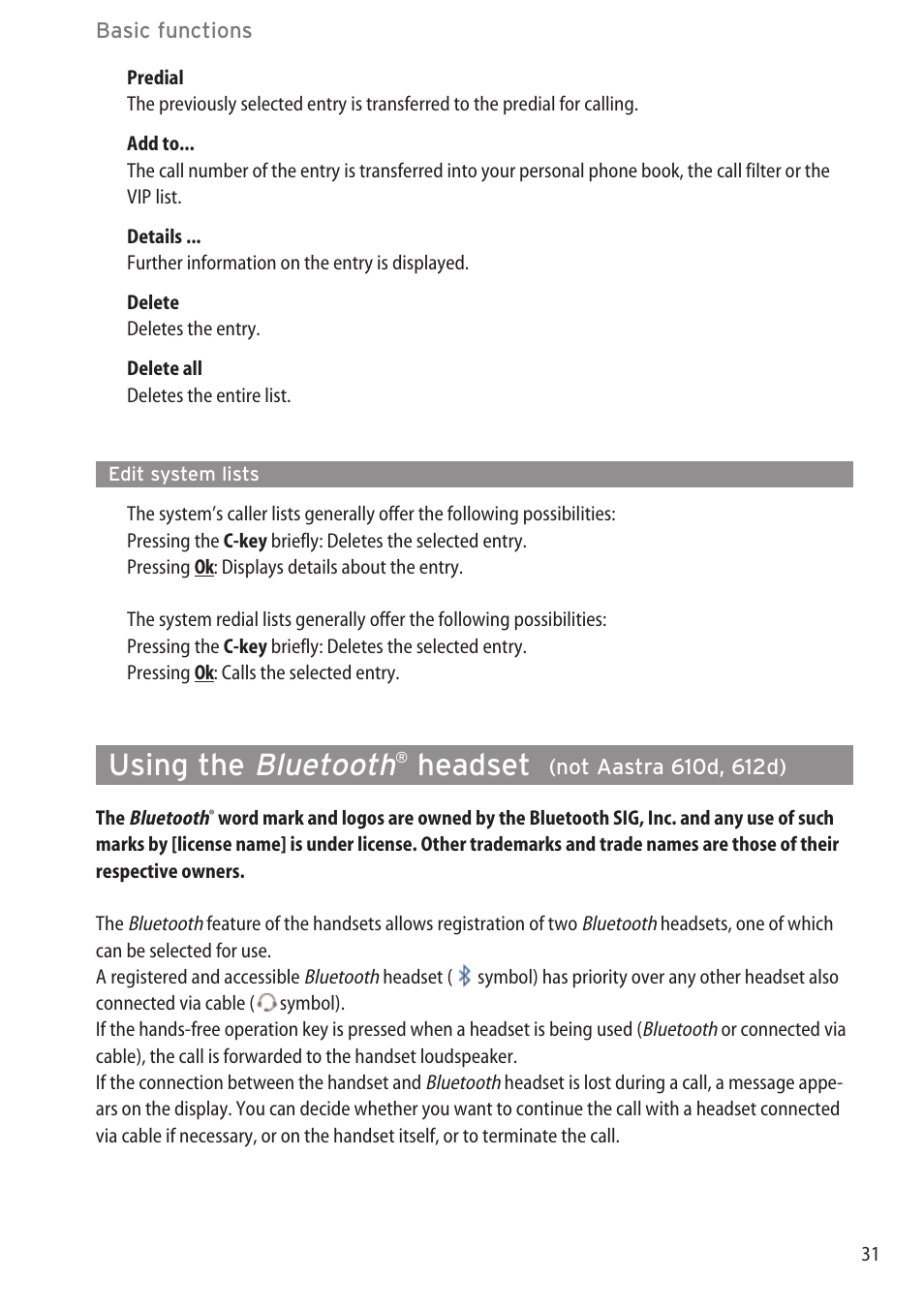 Edit system lists, Bluetooth, Using the | Headset | AASTRA 600c_d for OpenCom 1000 User Guide EN User Manual | Page 37 / 132