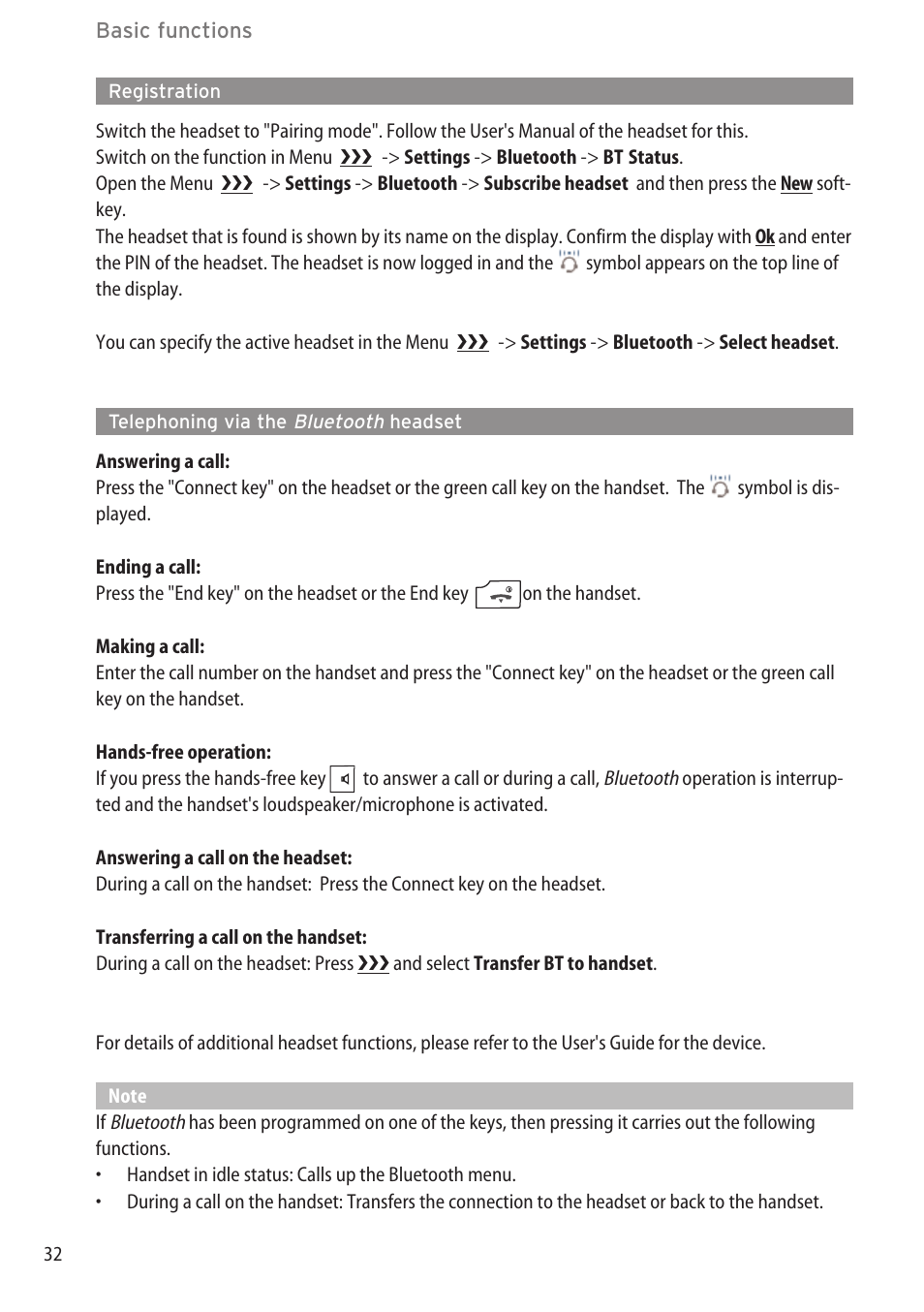 Registration, Telephoning via the bluetooth headset, Registration …………………………………………………………………………32 | AASTRA 600c_d for OpenCom 1000 User Guide EN User Manual | Page 38 / 132