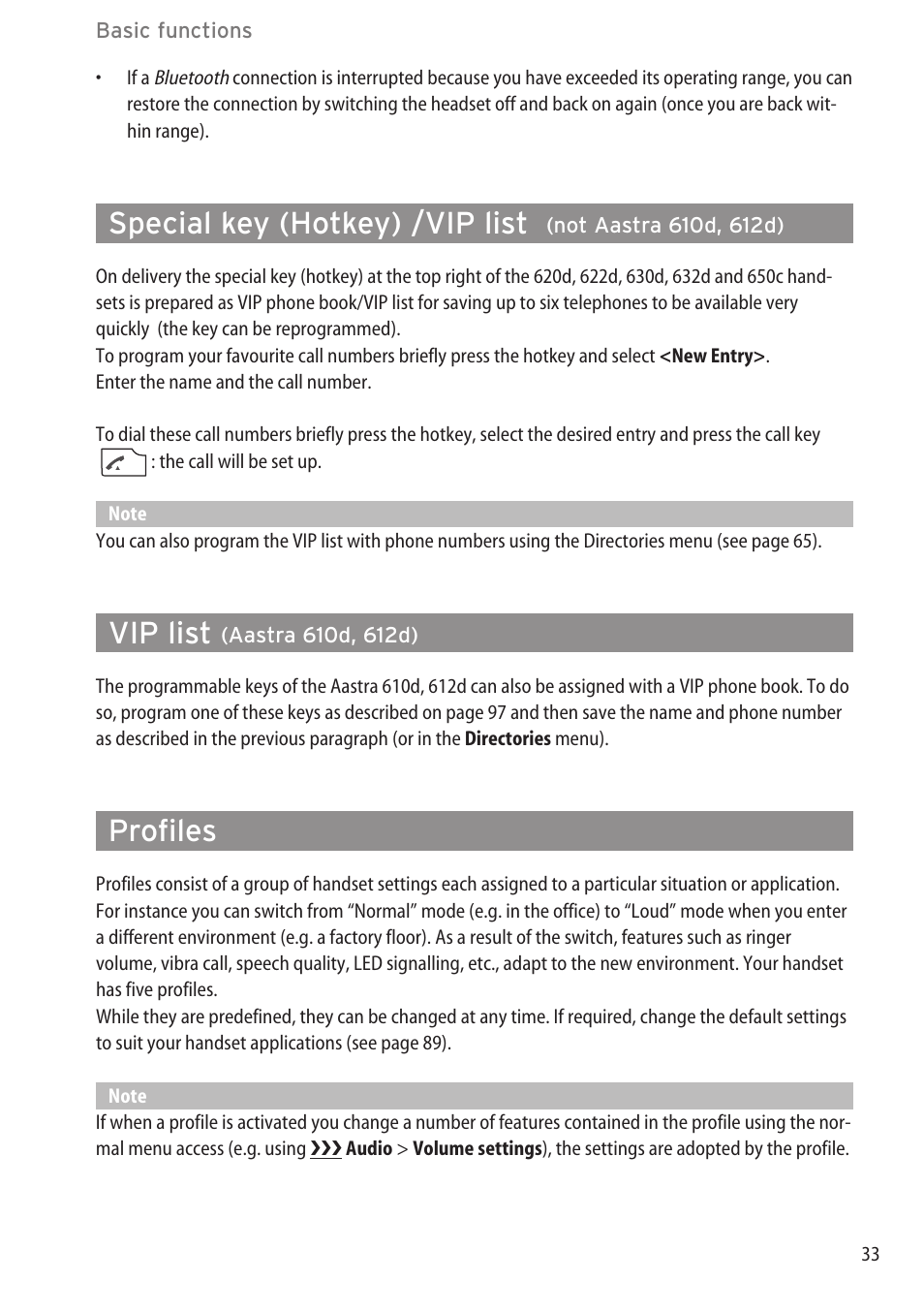 Vip list (aastra 610d, 612d), Profiles, Special key (hotkey) /vip list | Vip list | AASTRA 600c_d for OpenCom 1000 User Guide EN User Manual | Page 39 / 132