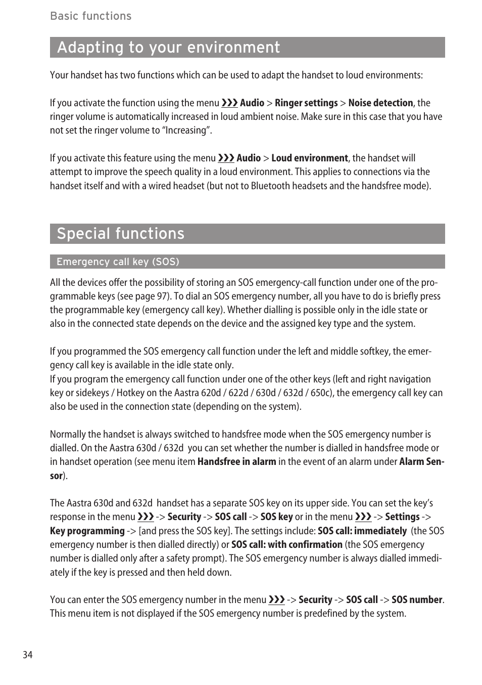Adapting to your environment, Special functions, Emergency call key (sos) | Special functions ………………………………………………………………………34 | AASTRA 600c_d for OpenCom 1000 User Guide EN User Manual | Page 40 / 132