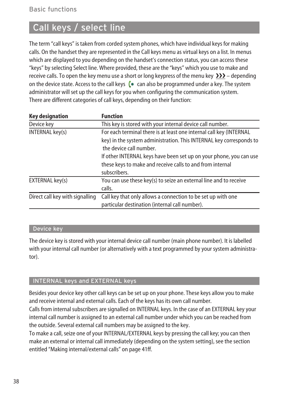 Call keys / select line, Device key, Internal keys and external keys | Device key ……………………………………………………………………………38 | AASTRA 600c_d for OpenCom 1000 User Guide EN User Manual | Page 44 / 132