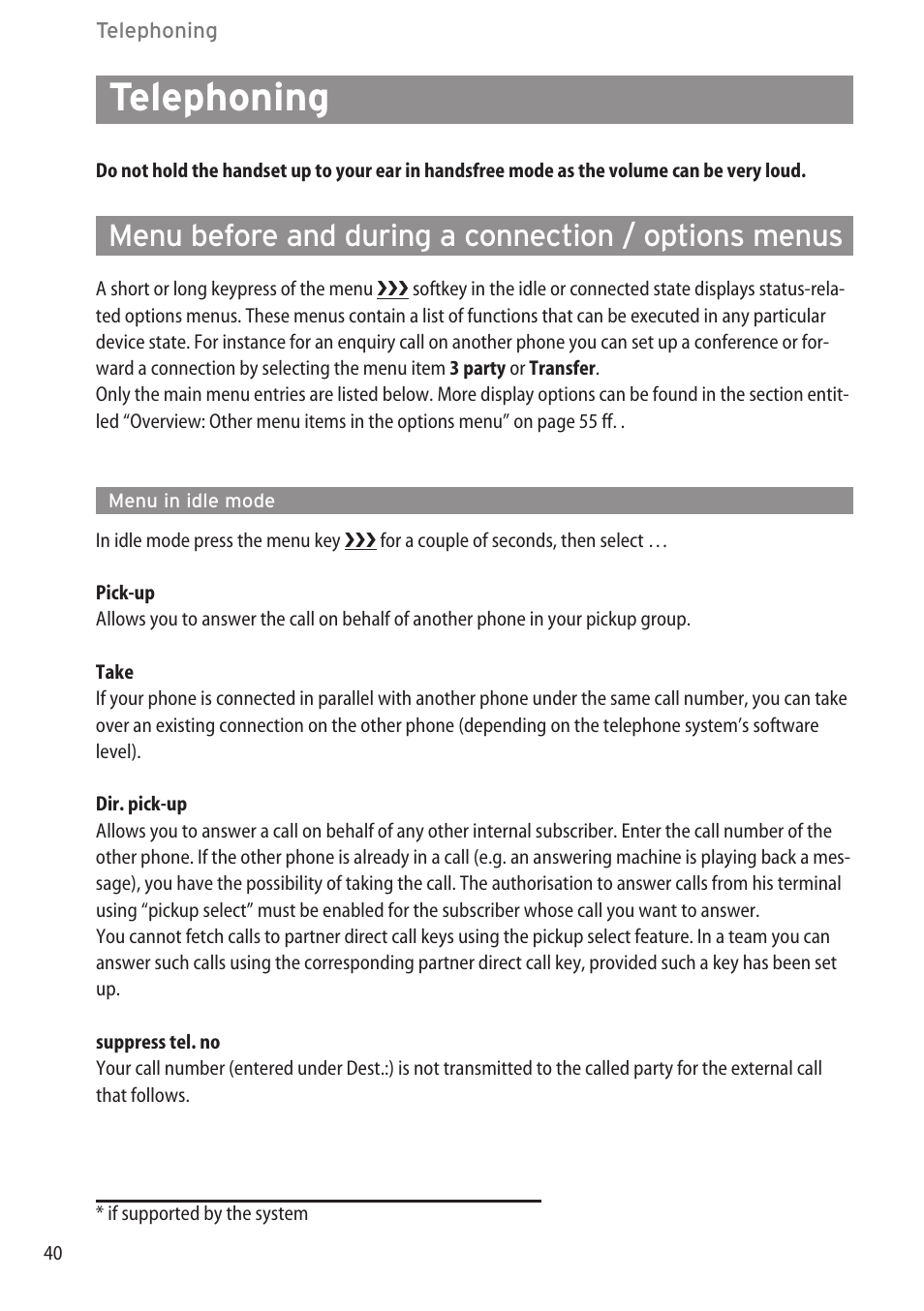 Telephoning, Menu in idle mode | AASTRA 600c_d for OpenCom 1000 User Guide EN User Manual | Page 46 / 132