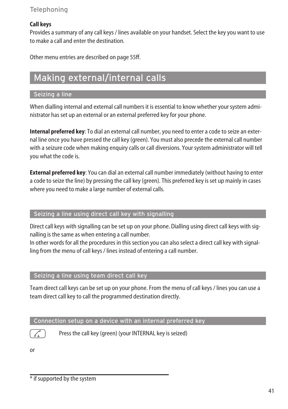 Making external/internal calls, Seizing a line, Seizing a line using team direct call key | Menu in idle mode ……………………………………………………………………40 | AASTRA 600c_d for OpenCom 1000 User Guide EN User Manual | Page 47 / 132