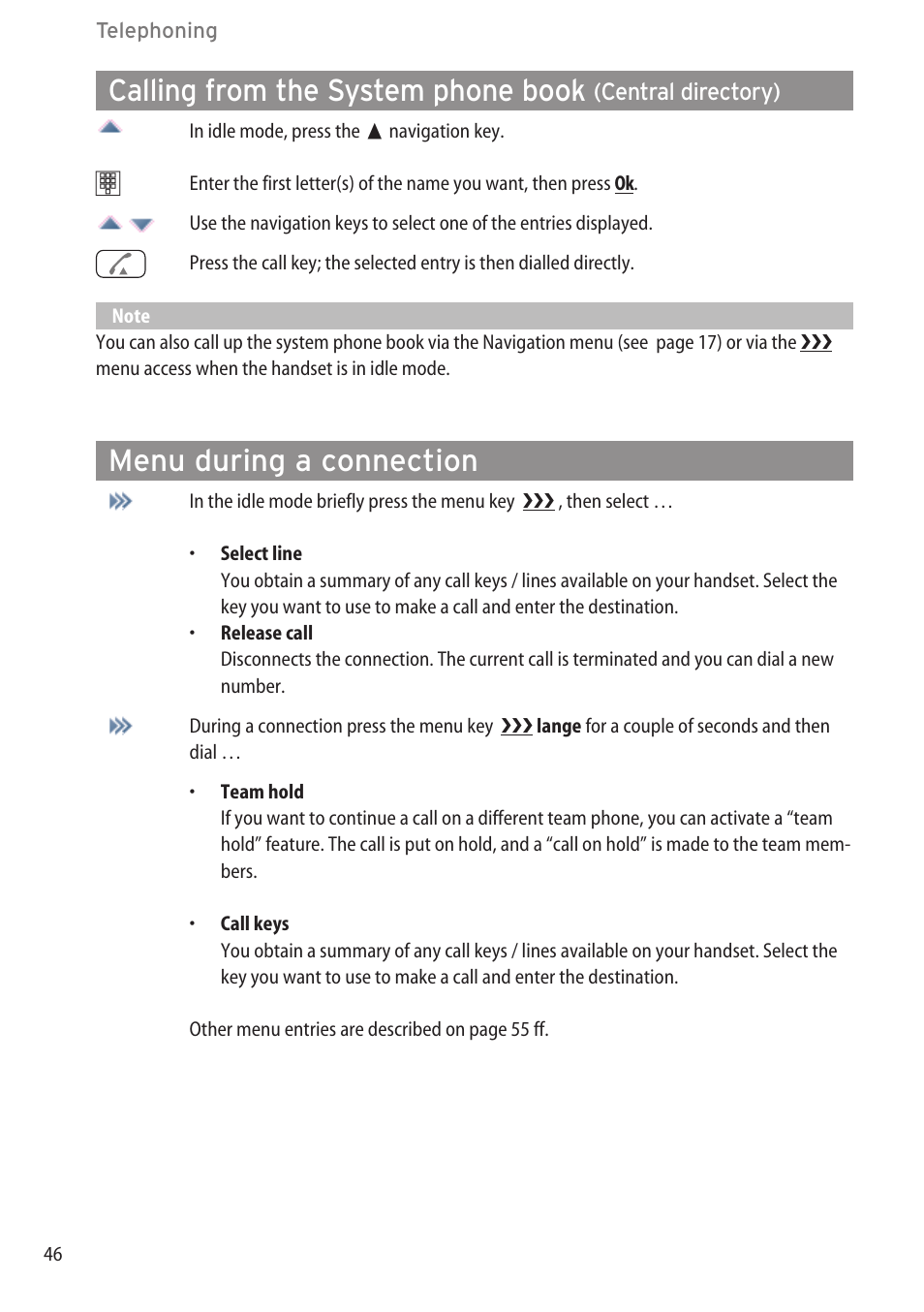 Menu during a connection, Calling from the system phone book | AASTRA 600c_d for OpenCom 1000 User Guide EN User Manual | Page 52 / 132