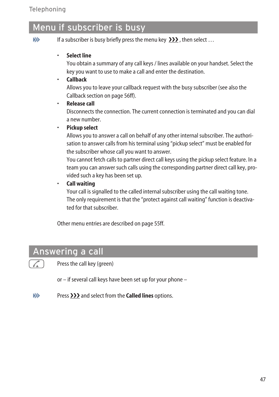 Menu if subscriber is busy, Answering a call | AASTRA 600c_d for OpenCom 1000 User Guide EN User Manual | Page 53 / 132