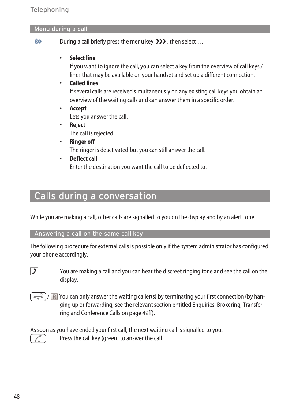 Menu during a call, Calls during a conversation, Answering a call on the same call key | Answering a call …………………………………………………………………………47, Menu during a call ……………………………………………………………………48 | AASTRA 600c_d for OpenCom 1000 User Guide EN User Manual | Page 54 / 132