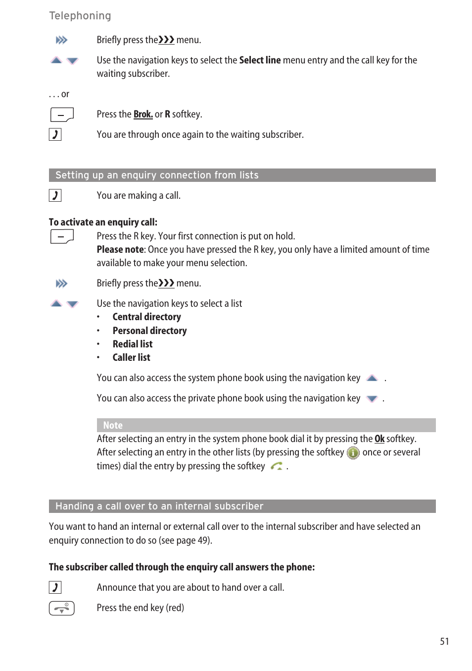 Setting up an enquiry connection from lists, Handing a call over to an internal subscriber | AASTRA 600c_d for OpenCom 1000 User Guide EN User Manual | Page 57 / 132