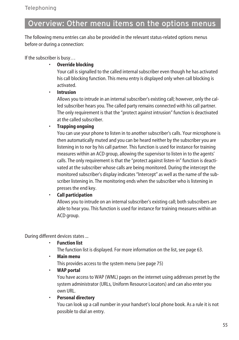 Overview: other menu items on the options menus, During a conference …………………………………………………………………54 | AASTRA 600c_d for OpenCom 1000 User Guide EN User Manual | Page 61 / 132