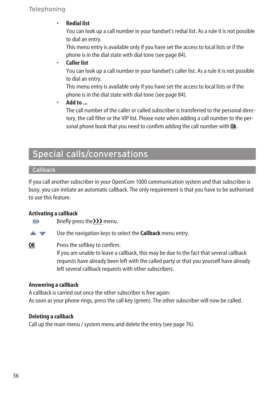 Special calls/conversations, Callback | AASTRA 600c_d for OpenCom 1000 User Guide EN User Manual | Page 62 / 132