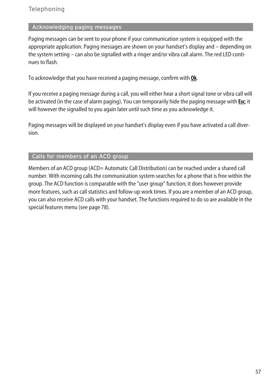 Acknowledging paging messages, Calls for members of an acd group | AASTRA 600c_d for OpenCom 1000 User Guide EN User Manual | Page 63 / 132