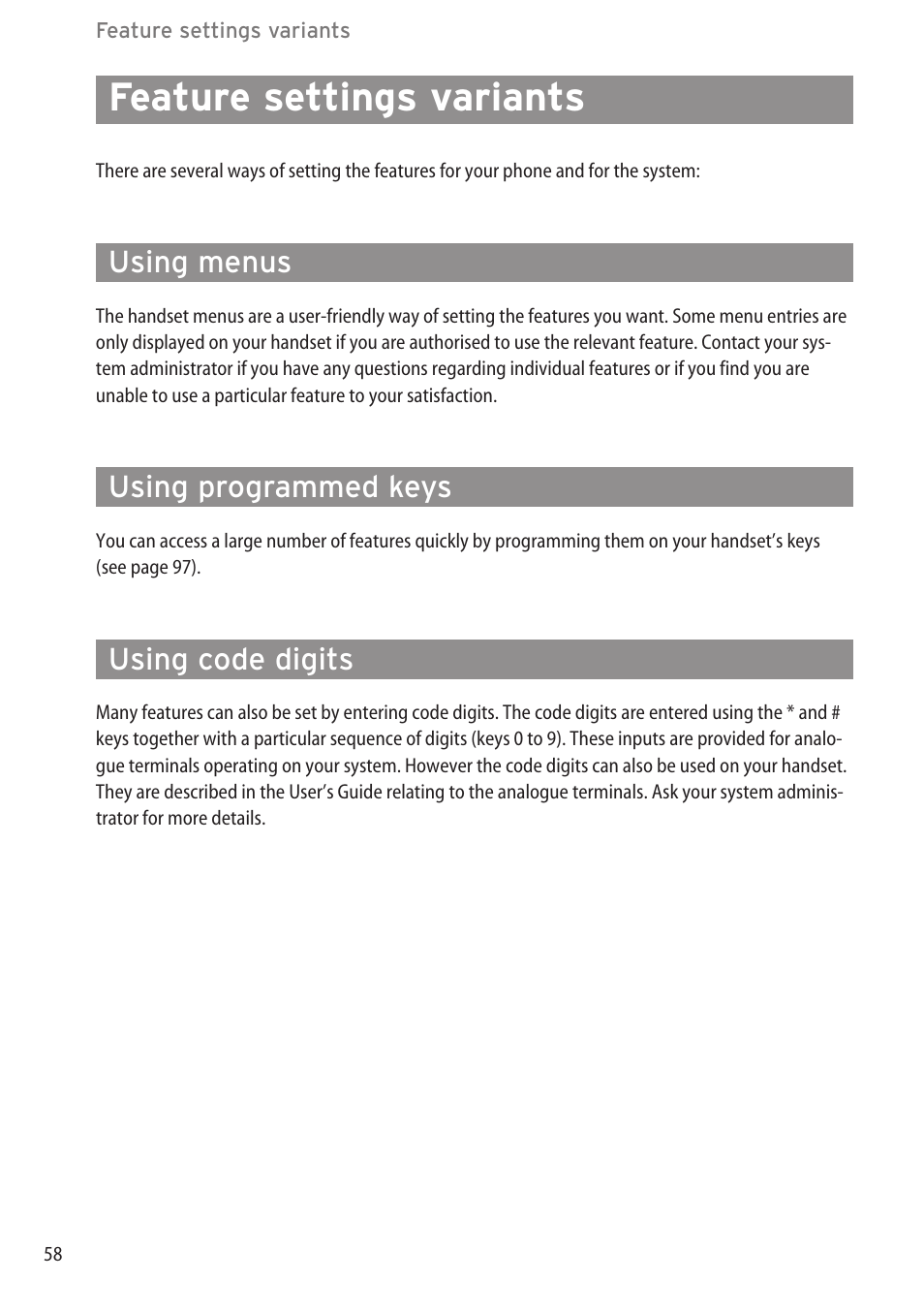 Feature settings variants, Using menus, Using programmed keys | Using code digits | AASTRA 600c_d for OpenCom 1000 User Guide EN User Manual | Page 64 / 132