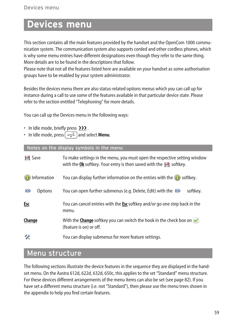 Devices menu, Notes on the display symbols in the menu, Menu structure | AASTRA 600c_d for OpenCom 1000 User Guide EN User Manual | Page 65 / 132
