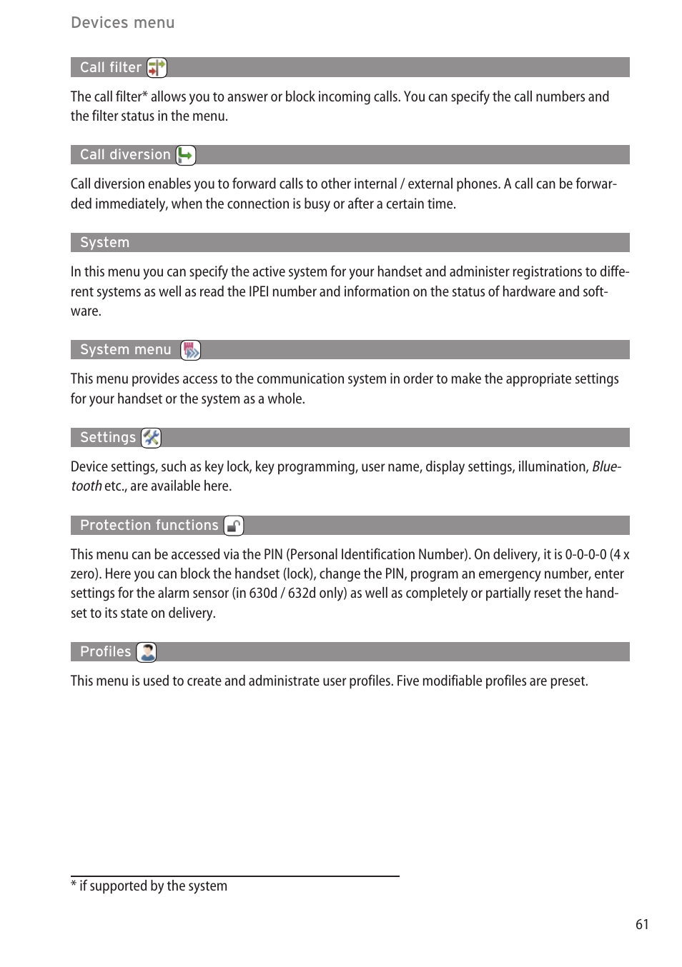 Call filter, Call diversion, System | System menu, Settings, Protection functions, Profiles, Protection functions …………………………………………………………………61 | AASTRA 600c_d for OpenCom 1000 User Guide EN User Manual | Page 67 / 132