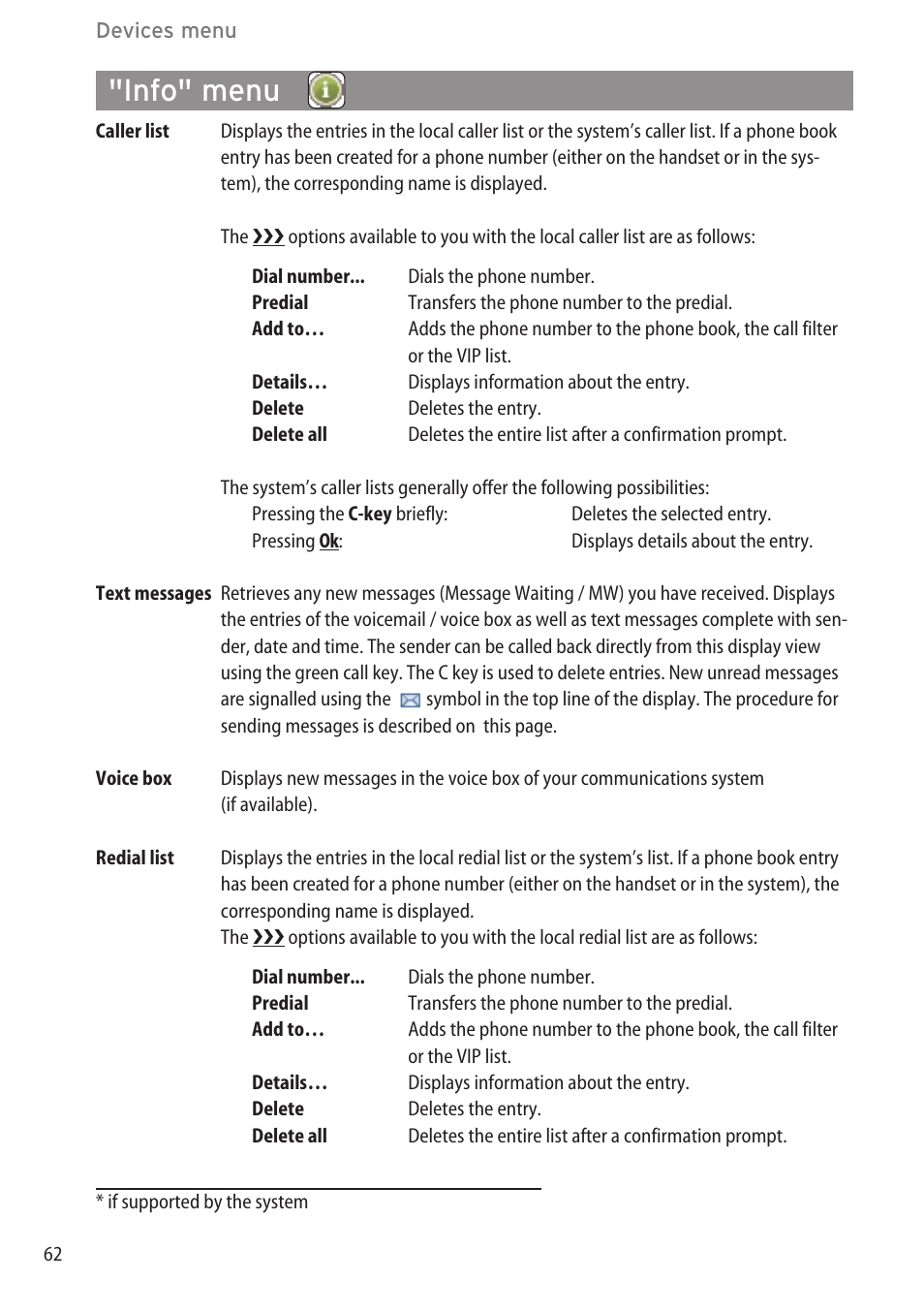 Info" menu, Profiles ………………………………………………………………………………61 | AASTRA 600c_d for OpenCom 1000 User Guide EN User Manual | Page 68 / 132