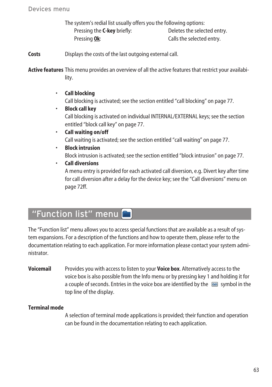 Function list” menu, Info" menu | AASTRA 600c_d for OpenCom 1000 User Guide EN User Manual | Page 69 / 132