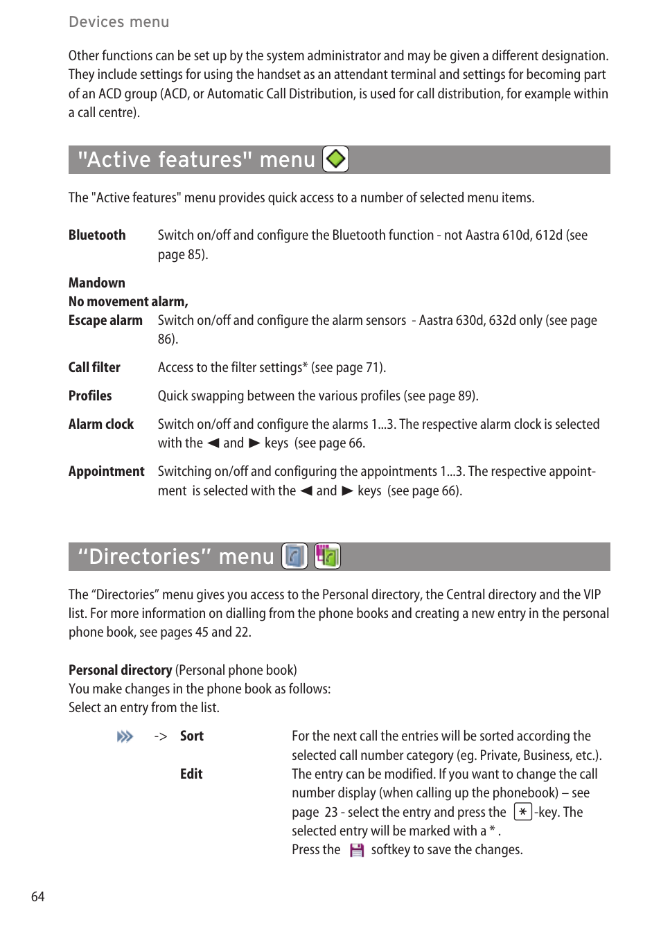 Active features" menu, Directories” menu | AASTRA 600c_d for OpenCom 1000 User Guide EN User Manual | Page 70 / 132