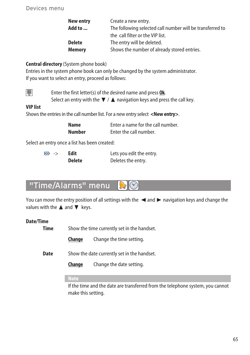 Time/alarms" menu, Directories” menu ……………………………………………………………………64 | AASTRA 600c_d for OpenCom 1000 User Guide EN User Manual | Page 71 / 132