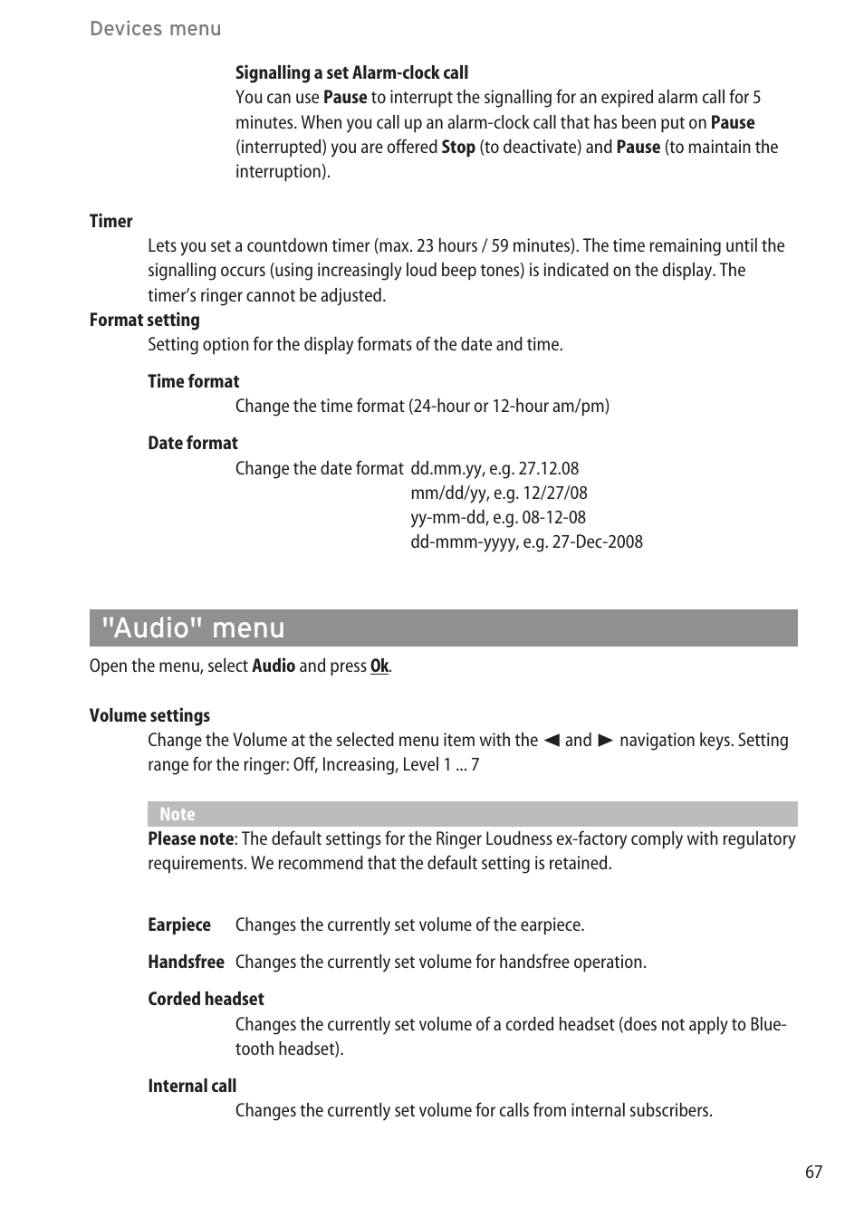 Audio" menu, Time/alarms" menu …………………………………………………………………65 | AASTRA 600c_d for OpenCom 1000 User Guide EN User Manual | Page 73 / 132