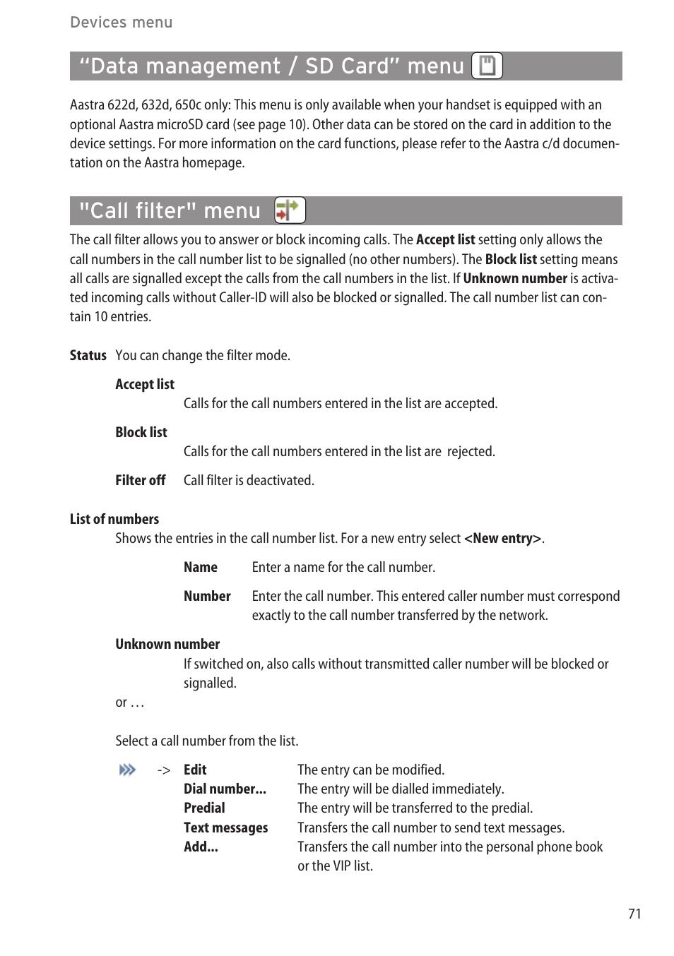 Data management / sd card” menu, Call filter" menu, Audio" menu | AASTRA 600c_d for OpenCom 1000 User Guide EN User Manual | Page 77 / 132