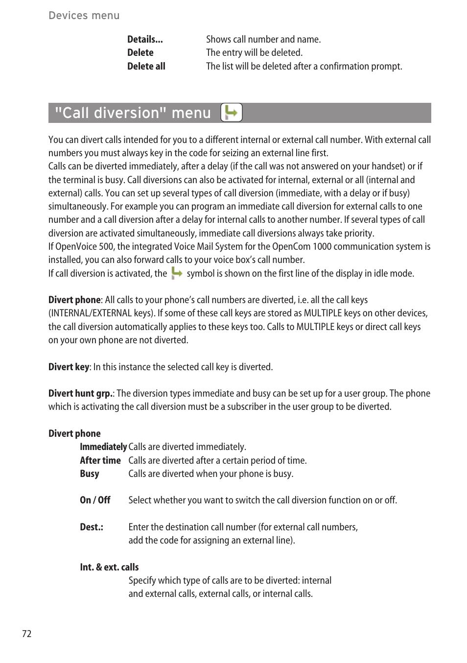 Call diversion" menu, Call filter" menu ………………………………………………………………………71 | AASTRA 600c_d for OpenCom 1000 User Guide EN User Manual | Page 78 / 132