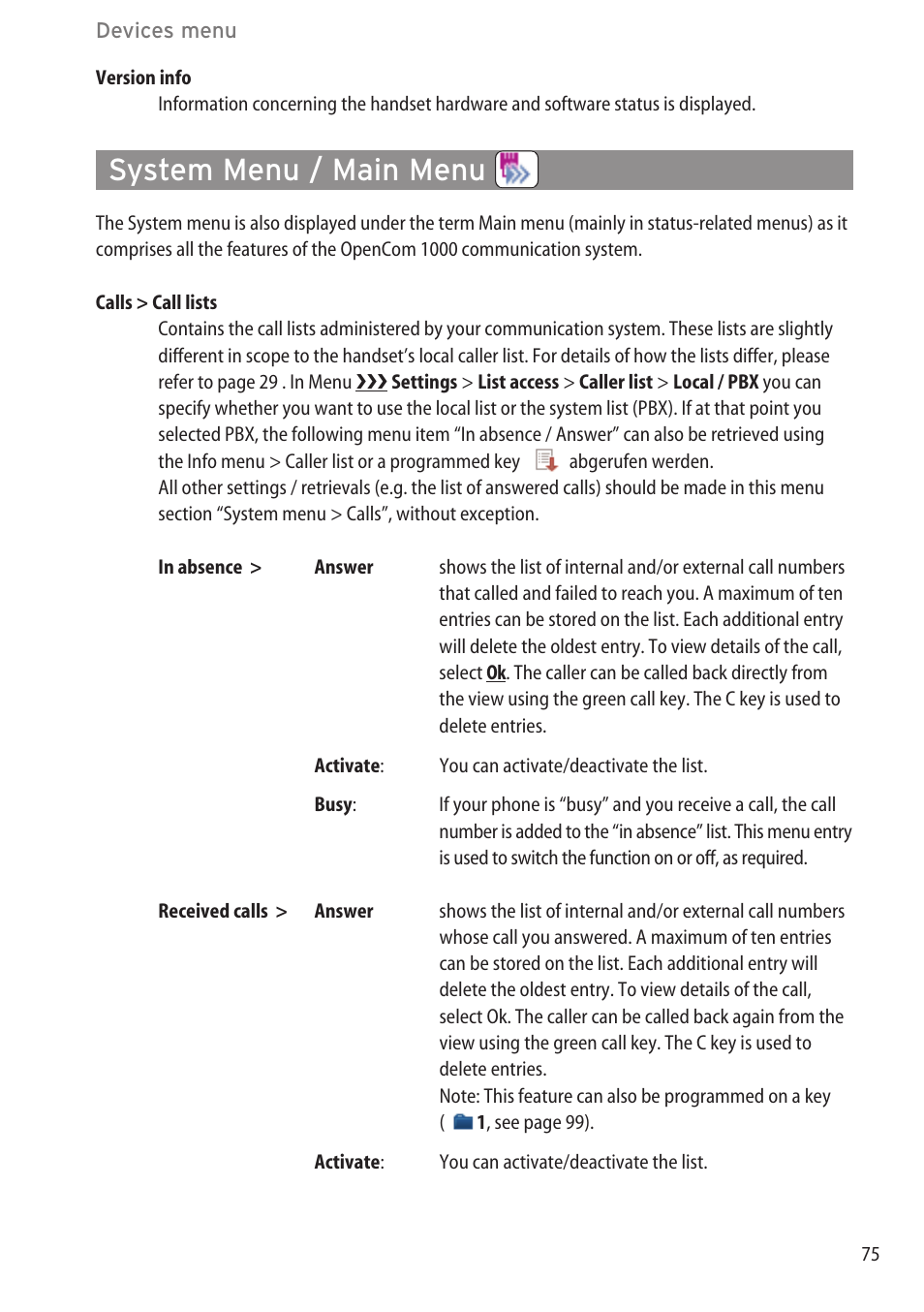 System menu / main menu, System" menu …………………………………………………………………………74 | AASTRA 600c_d for OpenCom 1000 User Guide EN User Manual | Page 81 / 132